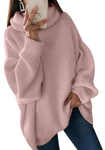 Pull Col Roulé Femme Hiver Chic Pullover Oversize Grosse Maille Ample Manche Longue Large Grande Taille Tricoté Chaud Sweater Gros Tricot Personnalisable Rose 3XL