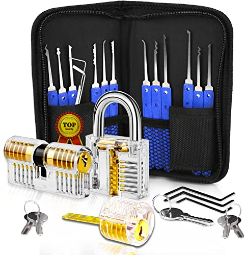 Lockpicking Dietrich Set, 32 Stück Lock Picking Set mit 3 klaren Ausbildung Vorhängeschloss und manuellem und Reißverschlussetui für Schlosserei, Extraktorwerkzeuge für Anfänger und Profi Lockpicker
