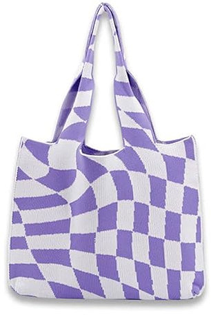 Karierte Taschen für Frauen, Schachbrett-Tragetasche, kariert, Tragetasche für Achselhöhlen, Damen, gestrickte Tragetasche, Gitter, große Tasche, Veilchen