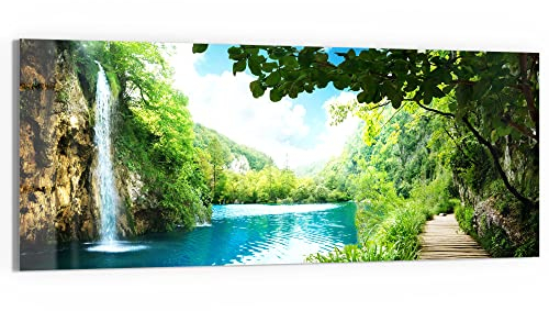 DEQORI Glasbild Echtglas | Motiv Wasserfall im grünen Wald | horizontal einteilig 150x60 cm | schöne Dekoration | Wandbild für Wohnzimmer, Schlafzimmer, Flur & Küche | moderne Wanddeko