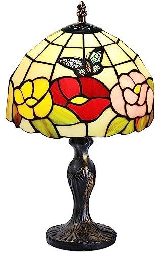7CDXD Stained Glass Lamp Klein Retro Lampen mit Handcraft Glasmalerei Lampenschirm und Metallsockel für Dekorieren Sie Schlafzimmer Wohnzimmer Arbeitszimmer Büro Bar [Energieklasse F]