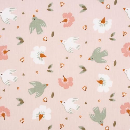 SCHÖNER LEBEN. Baumwollstoff Webware Adael Vögel Täubchen Blumen rosa Mint weiß 1,4
