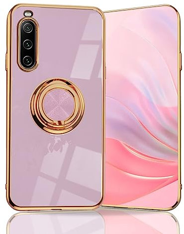 BORYA Ultra Dünn Hülle für Sony Xperia 10 V, Stoßfest Handyhülle, TPU Bumper Weiches Silikon Schutzhülle mit Galvanisieren Goldkante 360°Ring Ständer, Violett
