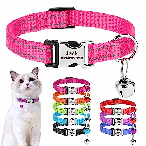 SEOUGEE Personalised Cat Collar with Name Tag, Adjustable Nylon Reflective Kitten Collars with Bell and Safety Buckle, Customize Engraved Pet Name & Phone Number, Rose Red