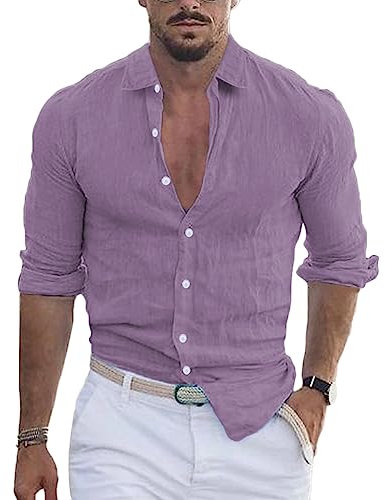shownicer Camicia Lino Uomo Manica Lunga Camicia Tinta Unita Cotone Lino Camicia con Bottoni Slim Fit Camicie in Lino da Spiaggia Hawaiian Top A Viola L