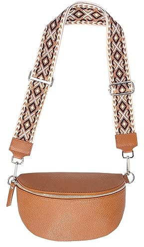 Umhängetasche Crossbody Bag Gürteltasche in Gr. M aus 100% Leder mit breitem Gurt - Helen (cognac)