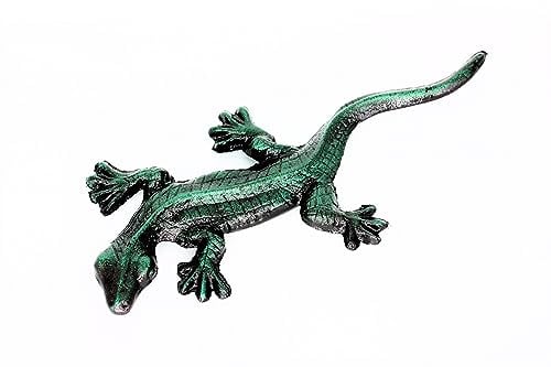 UHRIG Gecko aus Gusseisen, Deko für Garten & Terrasse, Metall Skulptur, Eidechse aus Eisen in antik Schwarz Patinagrün