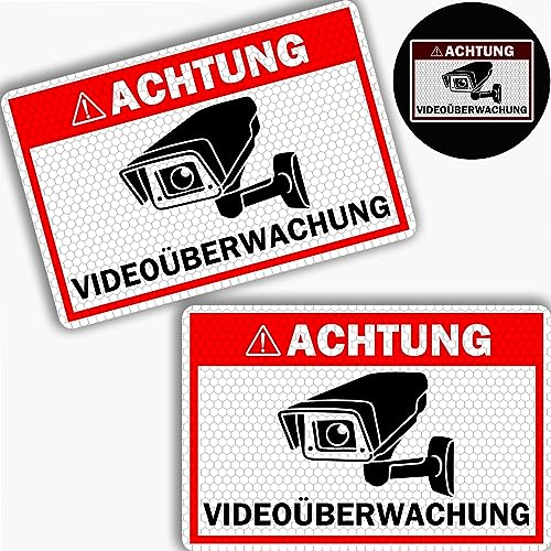 2er Set REFLEKTIEREND Achtung Videoüberwachung Schild (20x30 cm), PVC Hartschaumplatte 3mm, Hinweisschild für Kameraüberwachung, Warnschild, Schild Videoüberwachung, Video Überwachungsschild