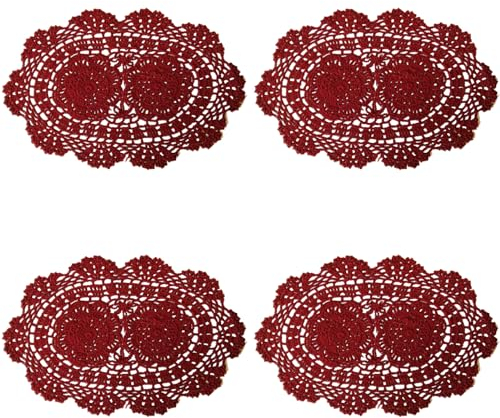 Phantomon Spitzendeckchen, handgefertigt, gehäkelt, Baumwolldeckchen, Stoffspitze, ovale Form, 25,4 x 35,6 cm, Burgunderrot, 4 Stück
