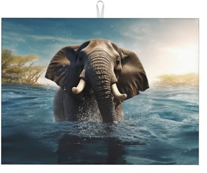 Swimming African Elephant Printed Dish Drying Mat for Kitchen,Microfiber Dish Drying Pad,Washable Dishes Drainer Mats,18x24inch