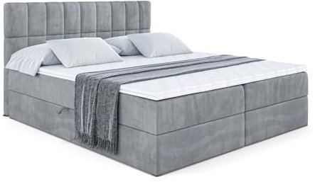 ALTDECOR Boxspringbett mit Matratze und Lattenrost, Boxbett, Topper, Polsterbett mit Bettkasten, Bett mit Stauraum H3-Matratze, Doppelbett, Springboxbett - Miami - 200x200 - Grau Samt