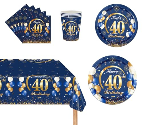 69Pcs Navy Blue Gold 40th Birthday Party Tableware, Blue 40th Birthday Tableware Set with Paper Plates,Napkins Serviette,40th Table Cloth,Paper Cups for Women Men Birthday Party Table Decorations
