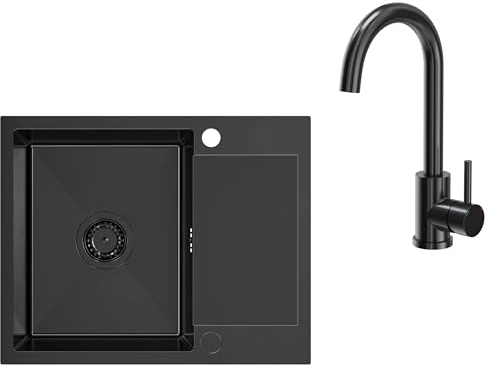 VBChome Edelstahlspüle Schwarz mit Armatur 60 x 48 cm Einbauspüle Komplettset Großes Becken mit Abtropffläche, Zwei Löcher Robuste und Kratzfeste Küchenspüle aus Edelstahl mit Siphon – Top-Qualität