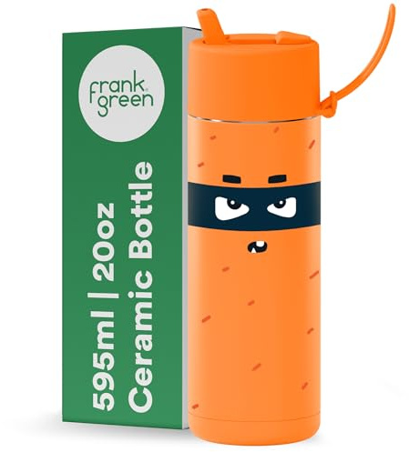 frank green Frankster-Trinkflasche für Kinder, wiederverwendbar, mit Klapp-Trinkhalm-Deckel, auslaufsicher, Keramikfutter, Rotkehlchen, Neonorange, 590 ml