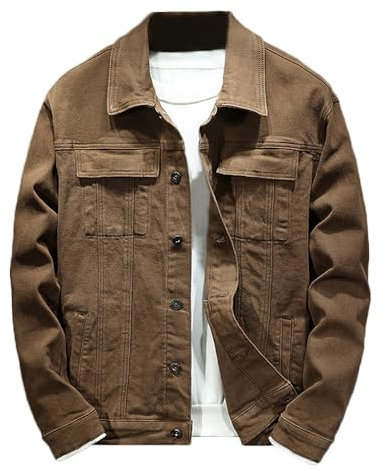 Rexcyril Chaqueta vaquera de ajuste regular para hombre, casual, con botones, lavada, de manga larga, estilo camionero, Café, Medium