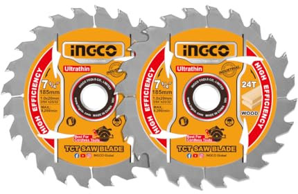 INGCO 2-Pack 185mm Ultra-thin TCT Saw Blade Set 24T, 20mm Arbor, 16mm Reduction Ring, 1.0mm Metric Thickness TSB1853