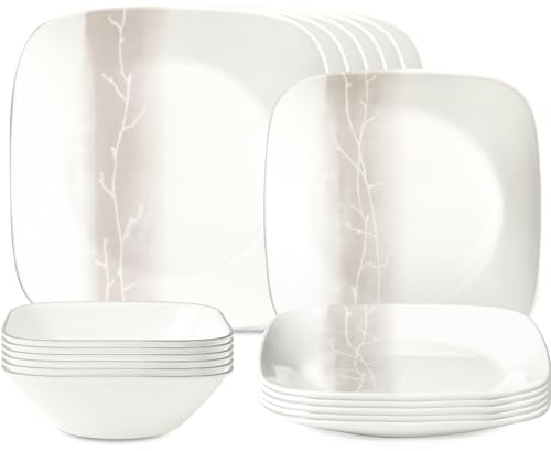 Corelle Vitrelle 18 Piece Glass Dinnerware Sets, Rectangular Square Plate and Bowl Set Service for 6, Triple Layer Chip & Crack Resistant Glass Plate and Bowl Sets, Wandering Grove