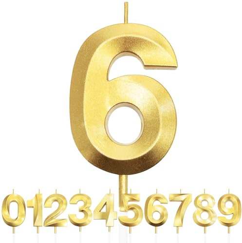 Nummer 6 Geburtstagskerze, 6. Geburtstag Kerze, 3D Design Gold Glitter Nummer Kerzen, Cake Topper Dekorationen, Kuchen Kerze für Geburtstagsparty, Hochzeitstag, Baby-Dusche, Party-Dekoration
