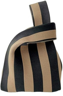 QIANDW Handtasche Aesthetic Damen Gewebte Handtasche Häkeln Tote Bag Gestrickte Handgelenk Tasche Tragbare Schwarz-Weiß Streifen-Black and Khaki