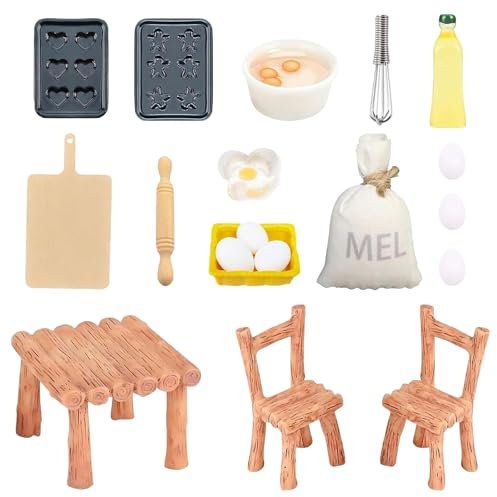 Ajuanbazha Miniatur Puppenhaus Zubehör, 19 Puppenhaus Möbel Zubehör Set, Küchenmöbel für Puppenhäuser, Tisch und Stühle, Ideal Als Weihnachts- Oder Geburtstagsgeschenk