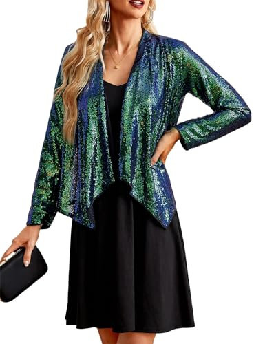 GRACE KARIN Damen Leichte Glitzer Jacke Vintage Pailletten 70er Jacke Langarm Fließende Bolero Halloween Kostüm Bolerojacke Blaugrün M