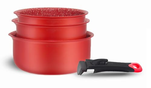 Arthur Martin, AMR28, Juego de 3 cacerolas de aluminio antiadherentes, mangos extraíbles, compatibles con todas las fuentes de calor incluida la inducción, medidas 16-18-20 cm, Color rojo