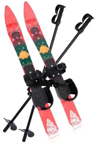 Kinder-Schneeski und Stöcke, niedrige Widerstandsfähigkeit für Kinder ab 4 Jahren, leicht, stabil, sichere Kinder-Skiausrüstung, mit weihnachtlichem Muster, verstellbare Schnalle