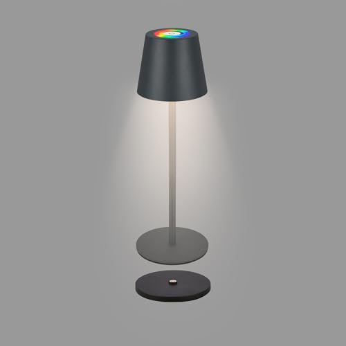 BRILONER - RGBW LED Tischlampe kabellos IP44 mit Ladestation, stufenlos dimmbar, Akku & Lichtquelle tauschbar, Nachttischlampe, Dekolampe, LED Lampe, Akku Tischleuchte, Restaurant, 36x12 cm, Schwarz
