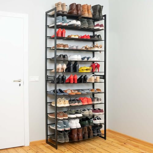 Tatkraft Eiffel - Schuhregal Metall, 12 Ablagen, für 60 Paar, bis 120 kg, Stapelbar, Schuhregal Platzsparend und Elegant, Profi-Schuhablage, Schwarz