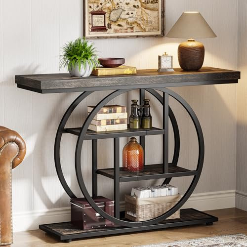 Tribesigns Console de Style Industriel de 105 cm, à 4 Niveaux avec Base Circulaire, étroite en Bois avec étagères de Rangement pour Salon et Couloir (Noir)