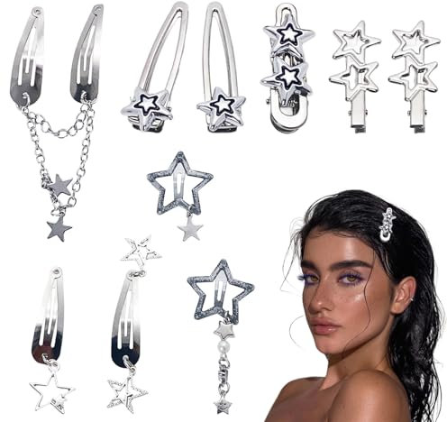 10 Stück Silber Haarspangen Y2K Metall Stern Haarspangen Pentagramm Hair Clips Kleine Haaraccessoires Silber Haarclips Frauen Retro Kawaii Haarschmuck Niedliche Y2K Accessoires Für Frauen