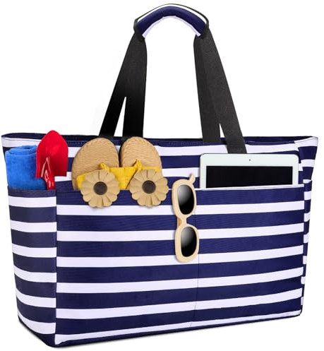 ISEYOU Strandtasche XXL Familie, Groß Strandtasche mit Reißverschluss Wasserdicht Sanddicht, Handtasche Umhängetasche Damen 45L, Faltbar Ultraleicht Badetasche für Urlaub Reisen Fitnessstudio Picknick