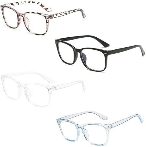 DXPETA Kids Blue Light Glasses, 4-Pack PC Material Blue Light Blocking Glasses For Kids, 14.1 X 13.6 Cm/5.55 X 5.35 In, Black/White/Cow Print Jelly Frame