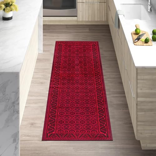 cozily® Rug Runner With Jute Back, Medium Pile Vintage Rugs For Living Room - Arta 60 x 220 cm, Red - Washable Runner Rug For Kitchen and Hallway