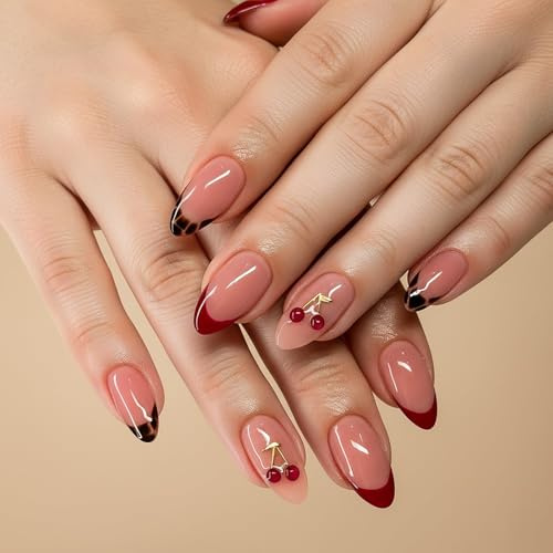 24 Press On Nails, Glossy Stiletto French Tips, Leopard Print, 3D Cherry | Soft Nude Pink Bases, Deep Red And Black Details, Mixed Decorative Set For Home Manicures And Coordinating Occasion Outfits