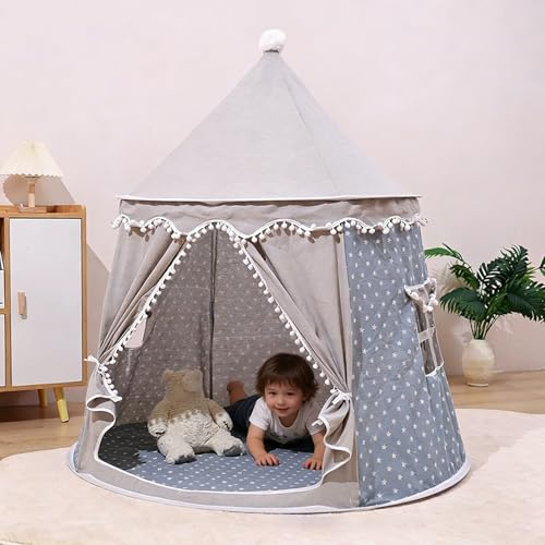 Kinderzelt Indoor,Zelt Kinderzimmer Mits Buntens Fahnen,Tipi Zelt für Kinder,Spielzelt Kinder Indoor,Faltbars Spiels Haus für Gartens Campings (D-Grauer Stern-[110x110x125cm])