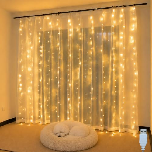 Yulmi Lichtervorhang 2x2m 200 LEDs, Lichtervorhang innen USB Warmweiß | IP65 Wasserdicht für Innen & Außen, mit 10 abnehmbaren Haken, Dekobeleuchtung für Balkon Fenster Hochzeit Weihnachten