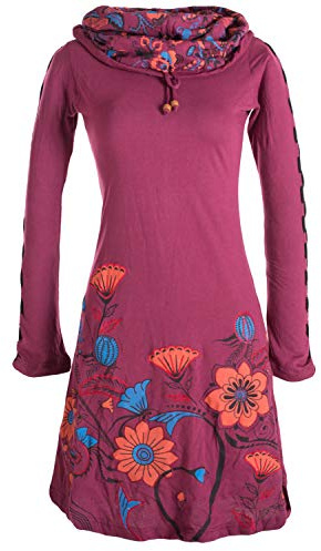 Vishes - Alternative Bekleidung - Damen Kleid mit Blumen-Muster Langarm Herbst Frühling Schalkragen dunkelrot 38