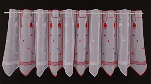 frankgardinen Scheibengardine Glocken und Sterne 45 cm hoch weiß Silber rot - Wunschbreite frei wählbar durch gekaufte Menge in 32 cm Schritten - Meterware