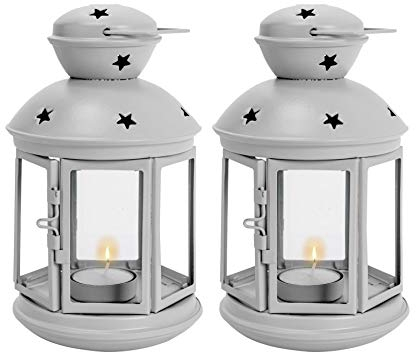 Nicola Spring Vintage Laternen-Teelichthalter - 2er-Pack - 20 cm - Grauer Kerzenhalter, dekorative Kerzenlaterne, Metall-Teelichter zum Aufhängen im Innen- und Außenbereich