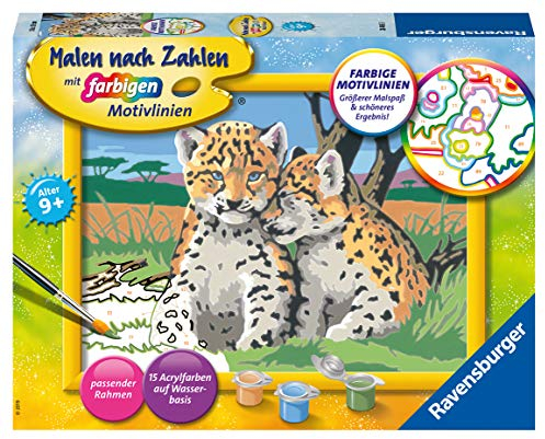 Ravensburger CreArt 28486 - Kleine Leoparden - Malen nach Zahlen für Kinder ab 9 Jahre, Malset mit Rahmen, Pinsel und Acrylfarben, Geschenk für Mädchen und Jungen