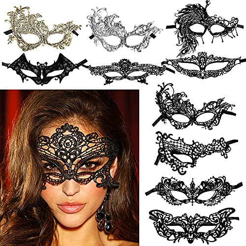 FLOFIA 10Stück Spitze Maske Schwarz Venezianische Maske Damen Lace Maske Maskerade Gold Augenmaske Frauen Fasching Maskenkostüm Gesichtsmaske Halloween Karneval Maskenball Gothic Cosplay Party