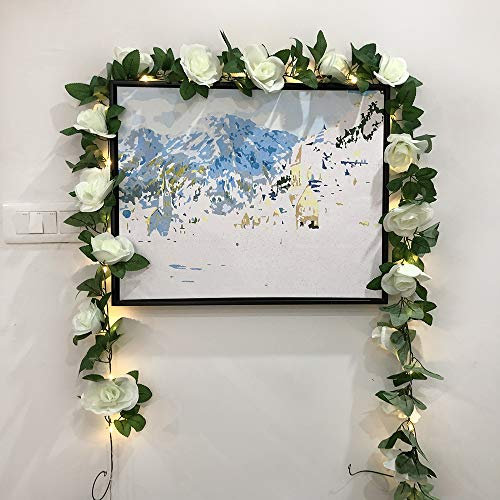 GUOCHENG Rose Garland Fairy Lights with Timer, Hanging Rose Vine LED String Light Battery Power Flower Garland Lights for Wedding Party Home Indoor Decorations-White