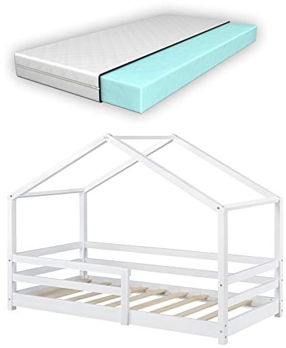 [en.casa] Kinderbett Knätten mit Matratze und Rausfallschutz 80x160cm Hausbett mit Kaltschaummatratze Bettenhaus mit Lattenrost Kiefernholz Kleinkindbett Weiß