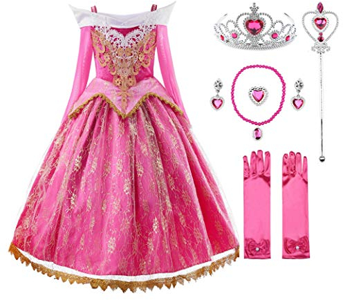 JerrisApparel Mädchen Prinzessin Spitze Kleid Rosa Schulterfrei Party Kostüm Verkleidung (7 Jahre, Rosa Mit Zubehör)