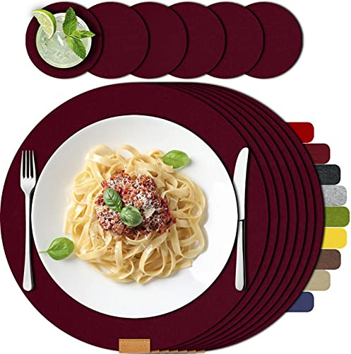 MAHEWA® 6er Set Premium Tischset Platzset aus Filz rutschfest Ab-waschbar und Waschmaschinenfest Eckige Platzdeckchen (Bordeaux Rot, 6er Set rund)