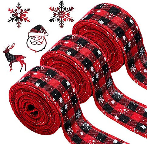3 Rollen Weihnachtsbänder Weihnachten Sackleinen Band Wickelband Rot und Schwarz Kariert Geschenkband Bastelband Stoffbänder für Geschenk Bogen Handwerk Dekoration