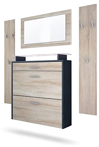 Vladon Garderobe Malea, Garderobenset bestehend aus 1 Hängeschuhschrank, 1 Wandspiegel und 2 Garderobenpaneele, Anthrazit matt/Eiche Sägegrau, inkl. LED-Beleuchtung weiß