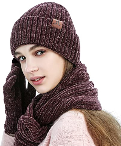 LumiSyne Winter 3 In 1 Mütze Schal Handschuh Sets Für Herren Damen Exquisite Jacquard Einfarbig Schal Beanie Strickmütze Touchscreen Handschuhe Fortschrittlicher Weicher Chenille Stoff