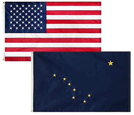 90 x 150 cm USA-Flaggen und Alaska-Staat, USA-Alaska-Flagge, strapazierfähig, windbeständig, lichtbeständig, bestickte Alaska-Flagge mit Messingösen.